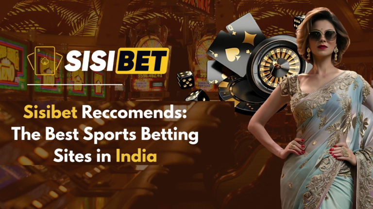 Promotional banner for Sisibet featuring a glamorous Indian woman in a saree standing beside casino-themed graphics including roulette, cards, and dice. The text highlights Sisibet's recommendation for the best sports betting sites in India, set against a luxurious casino background with slot machines and ambient lighting.
