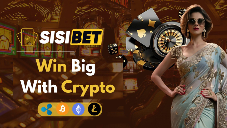 Promotional banner for SisiBet featuring a glamorous woman in a blue and gold saree standing confidently beside casino imagery—roulette wheel, playing cards, and dice—with the headline ‘Win Big With Crypto’ and icons for Ripple, Bitcoin, Ethereum, and Litecoin against a backdrop of slot machines.